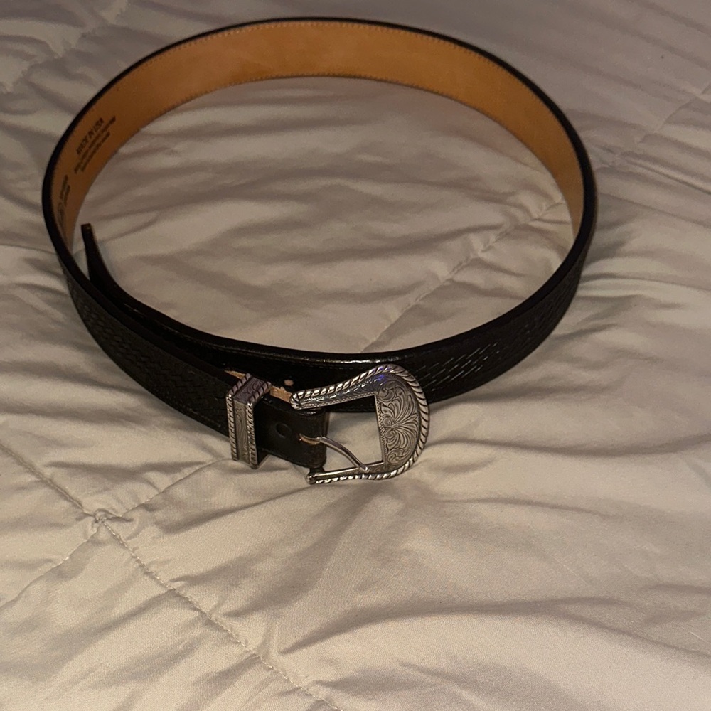 Justin Boots Black Leather Belt with Ornate Silver Buckle